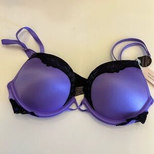 NWT Victoria’s secrets purple black lace Bombshell Add 2 cup sizes Bra  Sz 32B